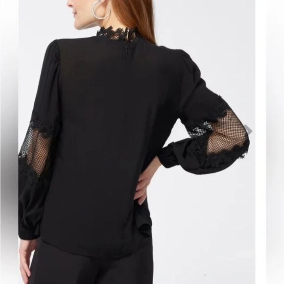 Chico’s Black Label lovely black lace trim high neck bell sleeve tunic, sz 16 - Picture 2 of 12